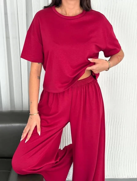 Osy Modal Yumuşak Dokulu Kumaş Bisiklet Yaka T-shirt Bol paça Pantalon ikili Takım -Bordo ürün görseli 1