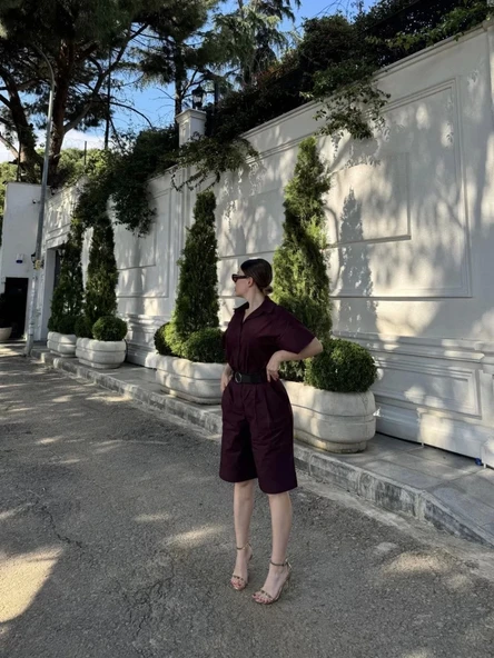 Kadın Yakalı Gömlek Kemerli Şortlu Takım - Bordo - Resim 6