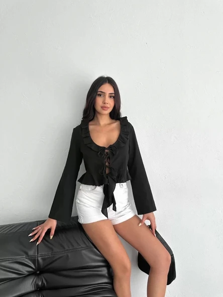 Keten Uzun Kol Bağacık Detaylı Bluz - Siyah - Resim 4