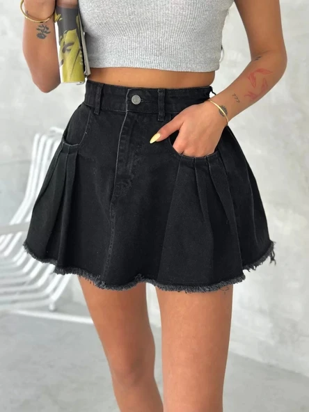 Şık Pileli Yazlık Mini Etekli Kot- Siyah - 6