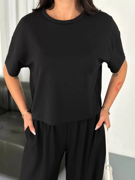 Osy Modal Yumuşak Dokulu Kumaş Bisiklet Yaka T-shirt Bol paça Pantalon ikili Takım -Siyah - Resim 2