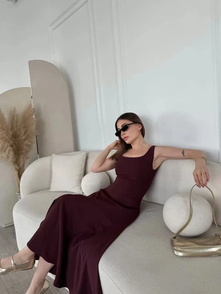 Sırt Dekolteli Kolsuz Uzun Elbise - Mürdüm ürün görseli 1