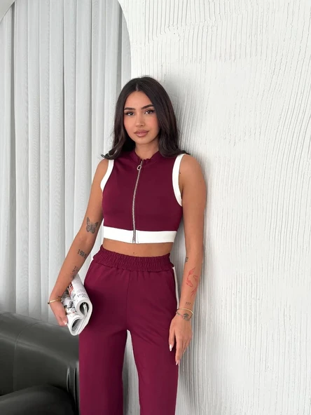 Osy Modal Yumuşak Dokulu Kumaş Tam Fermuarlı Crop Pantalon İkili Takım - Bordo - Resim 7