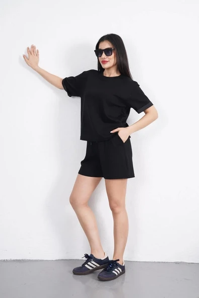 Osy Modal yumuşak dokulu Kumaş Kadın Bisiklet Yaka T-shirt Kısa Şort İkili Takım - Siyah - Resim 2