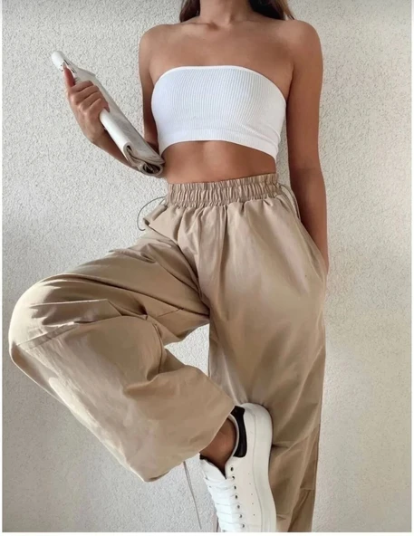 Kadın Cepli Paraşut Pantalon - Bej - Resim 2