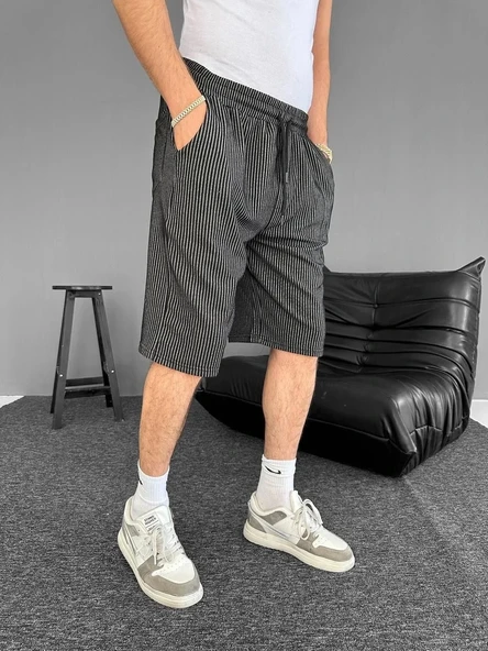 Su Yolu Çizgili Ön Arka Cepli Şort Yazlık Nefes Alabilir - Siyah - Resim 2