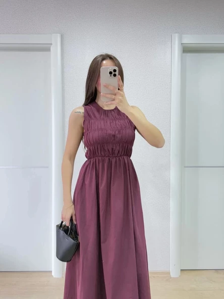Kolsuz Göğüs Lastıklı %100 Poplin Uzun Elbise - Bordo - Resim 6