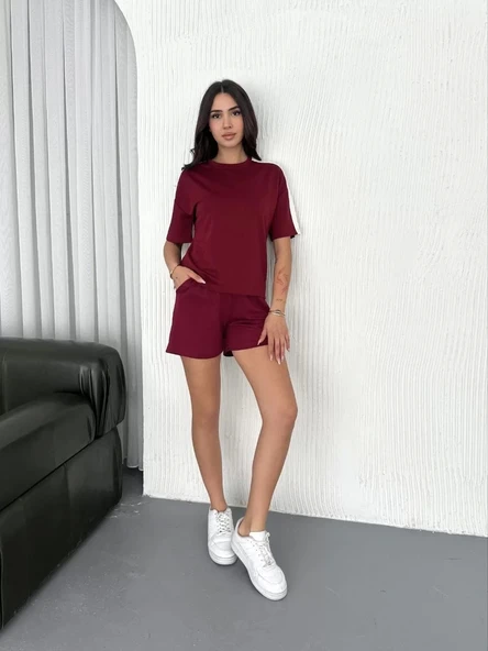 Osy Modal yumuşak dokulu Kumaş Kadın Parçalı Bisiklet Yaka T-shirt Kısa Şort İkili Takım - Bordo - Resim 4