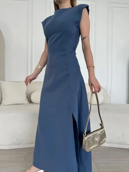 Keten Yandan Yırtmaçlı Uzun Elbise Sıfır Kol Elbise - Mavi - Resim 4
