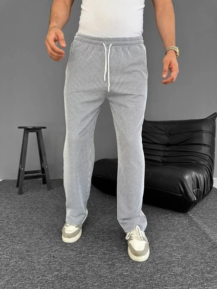 Su Yolu Çizgili Cepli Pantalon Yazlık - Gri ürün görseli 1