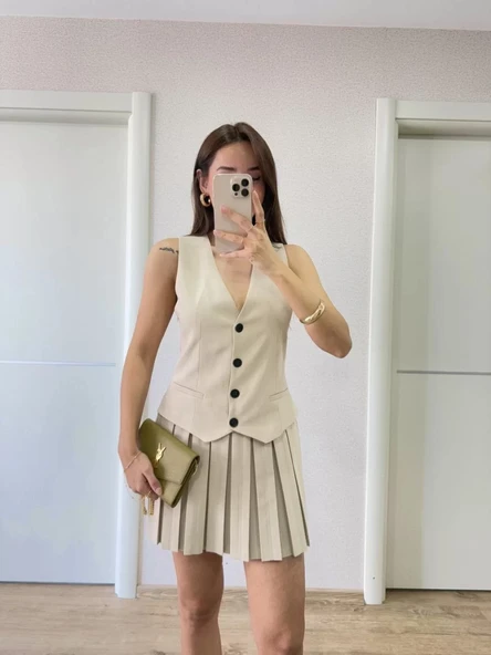 Keten Takım Görünümlü Düğme Detaylı Yelekli Mini Elbise - Bej - Resim 6