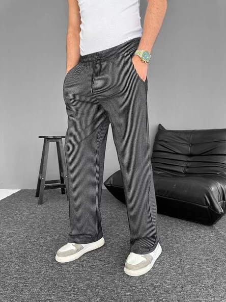 Su Yolu Çizgili Cepli Pantalon - Siyah - Resim 3
