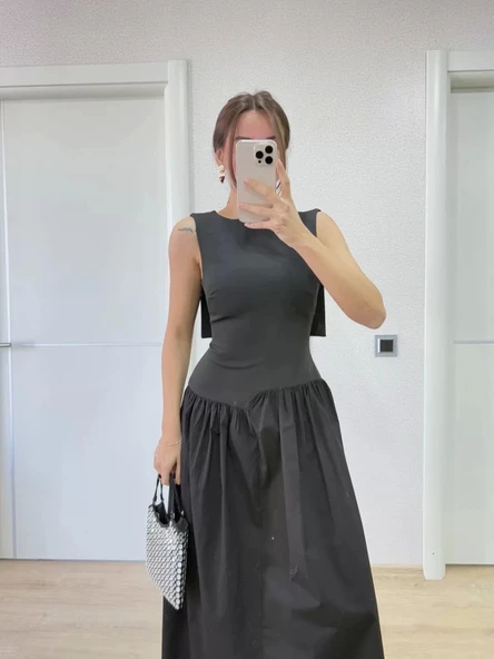 Krep Arkası Kanat Arka Ön Pens Detaylı Uzun Kadın Elbise - Siyah ürün görseli 1