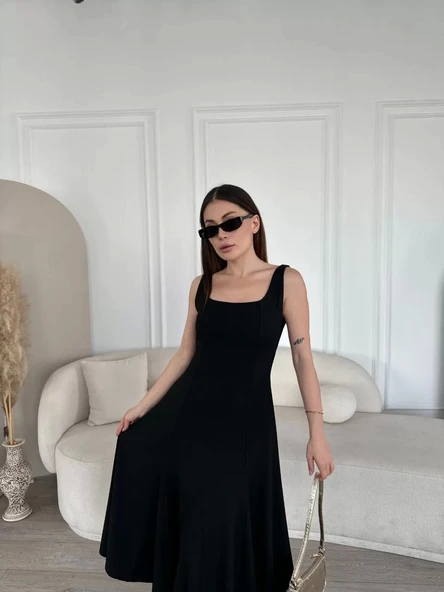 Sırt Dekolteli Kolsuz Uzun Elbise - Siyah - 5