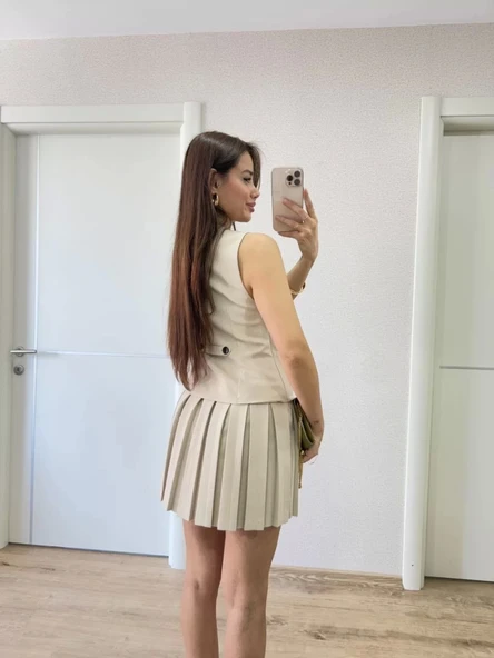 Keten Takım Görünümlü Düğme Detaylı Yelekli Mini Elbise - Bej - Resim 3