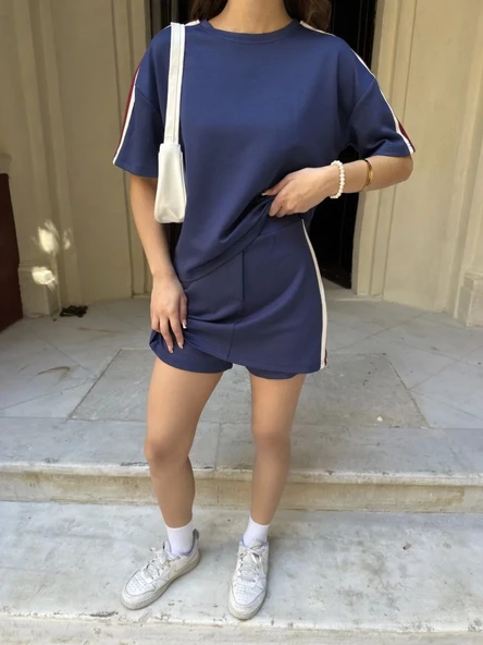 Osy Modal yumuşak dokulu Kumaş Kadın Parçalı Bisiklet Yaka T-shirt Mini Şortlu Etek İkili Takım -Lacivert - Resim 3