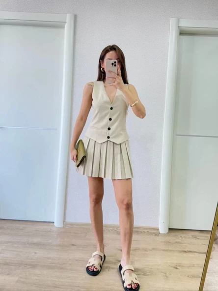 Keten Takım Görünümlü Düğme Detaylı Yelekli Mini Elbise - Bej - Resim 4