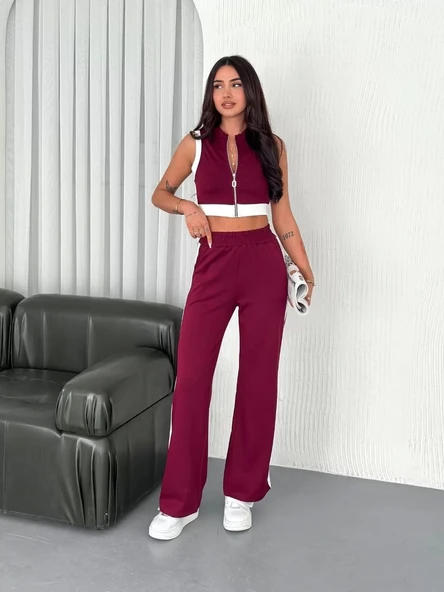 Osy Modal Yumuşak Dokulu Kumaş Tam Fermuarlı Crop Pantalon İkili Takım - Bordo - Resim 3