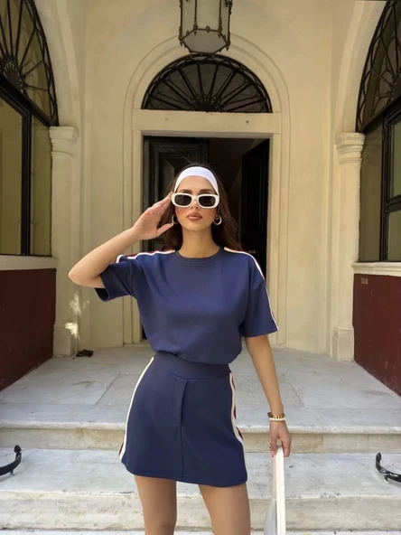 Osy Modal yumuşak dokulu Kumaş Kadın Parçalı Bisiklet Yaka T-shirt Mini Şortlu Etek İkili Takım -Lacivert ürün görseli 1