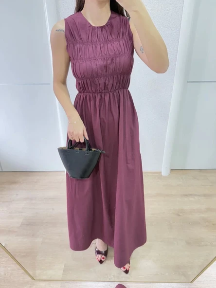 Kolsuz Göğüs Lastıklı %100 Poplin Uzun Elbise - Bordo - Resim 7