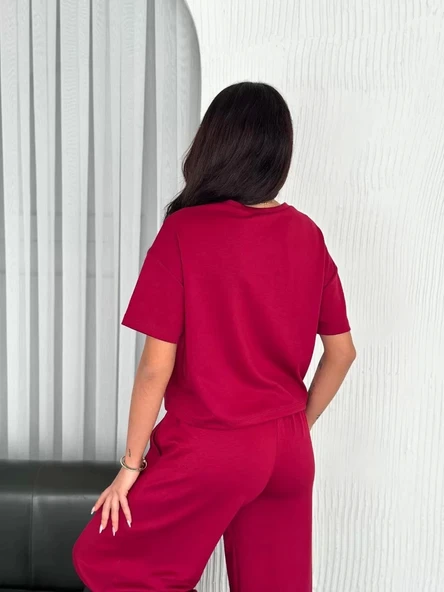 Osy Modal Yumuşak Dokulu Kumaş Bisiklet Yaka T-shirt Bol paça Pantalon ikili Takım -Bordo - Resim 7