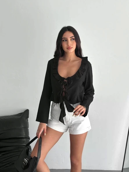 Keten Uzun Kol Bağacık Detaylı Bluz - Siyah ürün görseli 1