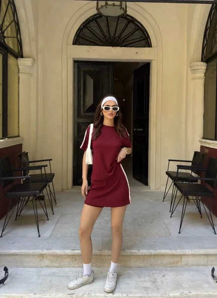 Osy Modal yumuşak dokulu Kumaş Kadın Parçalı Bisiklet Yaka T-shirt Mini Şortlu Etek İkili Takım -Bordo - Resim 4