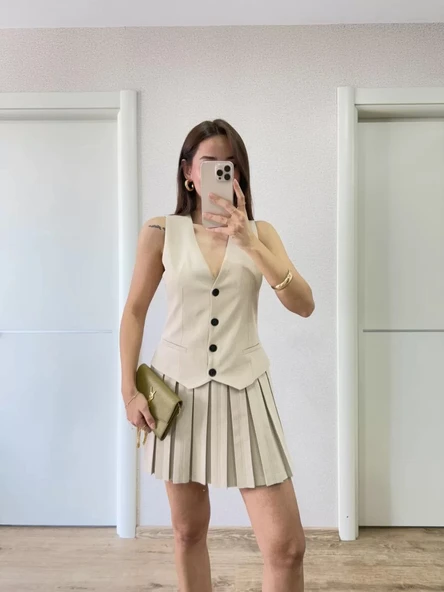 Keten Takım Görünümlü Düğme Detaylı Yelekli Mini Elbise - Bej ürün görseli 1