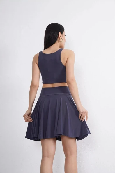 Sendy Kumaş Bisiklet Yaka Crop Şortlu Etek ikili Takım - Antrasit - Resim 5