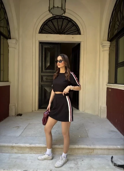 Osy Modal yumuşak dokulu Kumaş Kadın Parçalı Bisiklet Yaka T-shirt Mini Şortlu Etek İkili Takım - Siyah - Resim 6