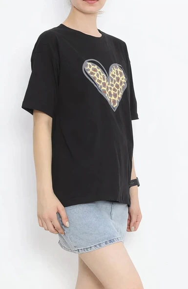Sevgililer Günü İçin Özel Tasarım Leopar Kalp Baskılı T-shirt - Siyah - Resim 2
