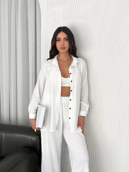 Yakalı Düğmeli Uzun Kollu Gömlek Pantolon ikili Takım - Beyaz - Resim 3