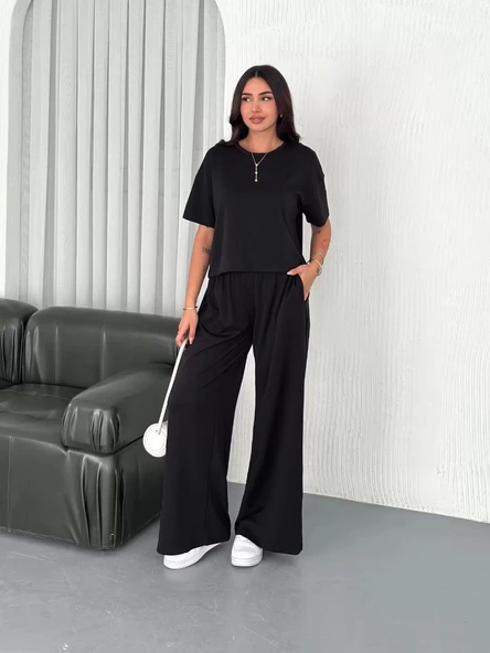 Osy Modal Yumuşak Dokulu Kumaş Bisiklet Yaka T-shirt Bol paça Pantalon ikili Takım -Siyah - Resim 8