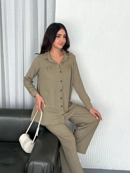 Yakalı Düğmeli Uzun Kollu Gömlek Pantolon ikili Takım - Bej - Resim 2