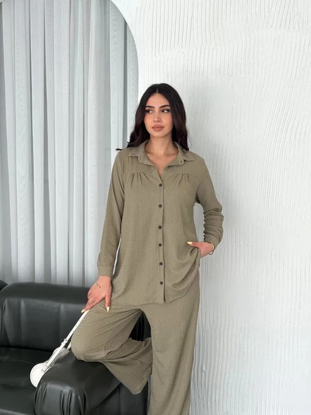 Yakalı Düğmeli Uzun Kollu Gömlek Pantolon ikili Takım - Bej - Resim 5