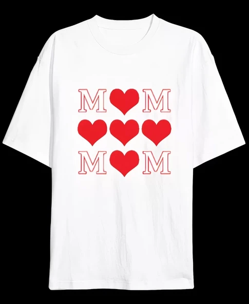 Anneler Gününe Özel Tasarım MOM Kalp Baskılı T-shirt - Beyaz ürün görseli 1