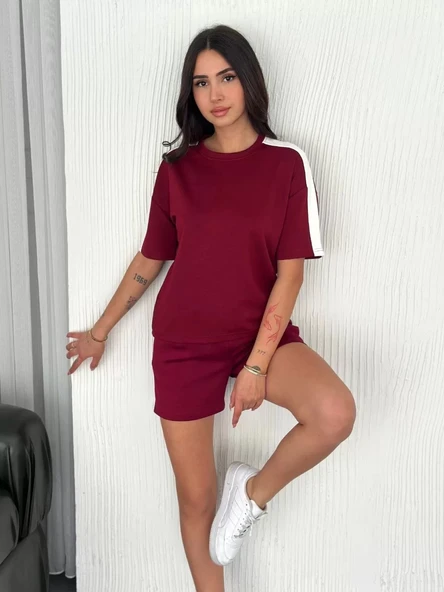 Osy Modal yumuşak dokulu Kumaş Kadın Parçalı Bisiklet Yaka T-shirt Kısa Şort İkili Takım - Bordo - Resim 2