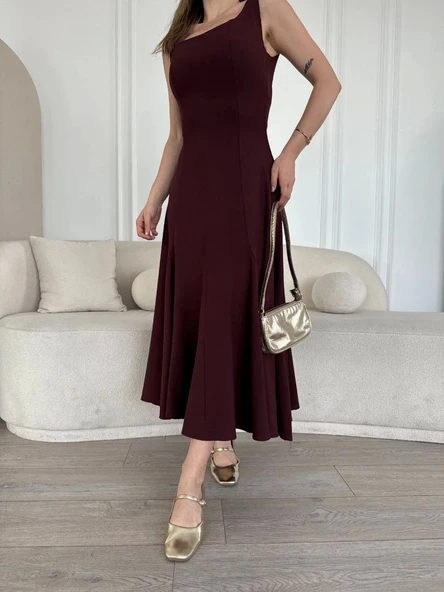 Sırt Dekolteli Kolsuz Uzun Elbise - Mürdüm - Resim 5