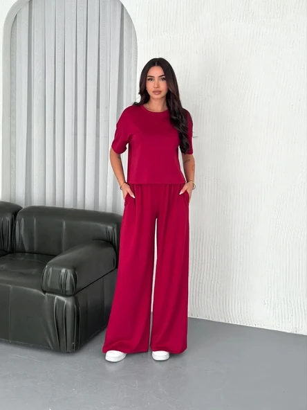 Osy Modal Yumuşak Dokulu Kumaş Bisiklet Yaka T-shirt Bol paça Pantalon ikili Takım -Bordo - Resim 4
