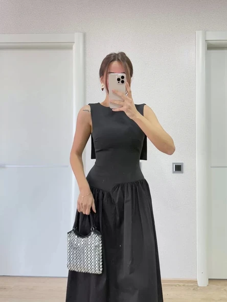 Krep Arkası Kanat Arka Ön Pens Detaylı Uzun Kadın Elbise - Siyah - Resim 6