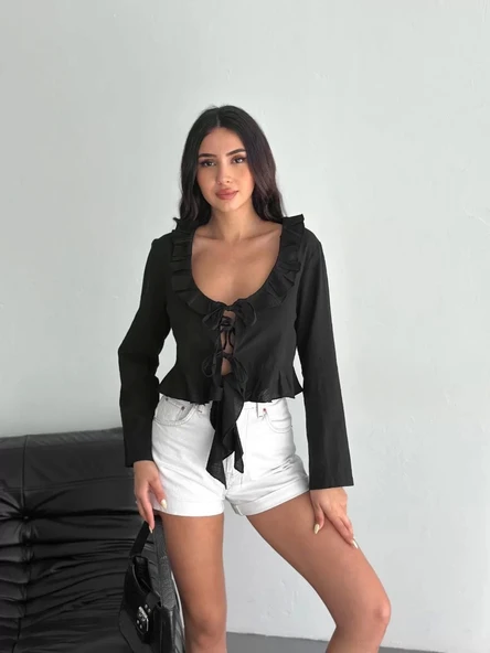 Keten Uzun Kol Bağacık Detaylı Bluz - Siyah - Resim 5