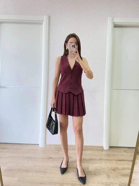 Keten Takım Görünümlü Düğme Detaylı Yelekli Mini Elbise - Bordo - Resim 5