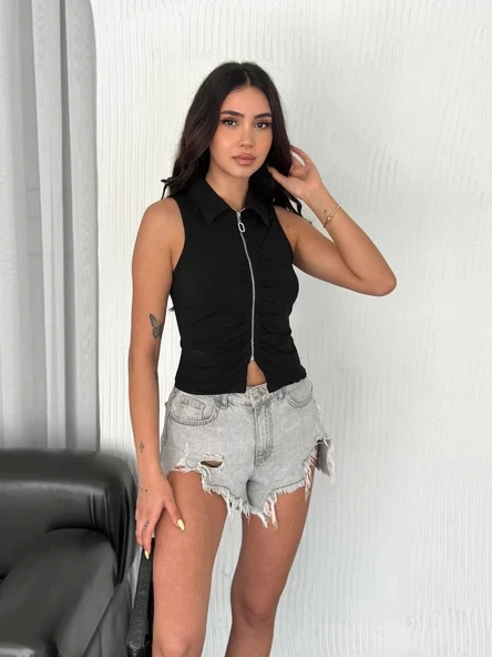 Yakalı Tam Fermuarlı Kolsuz Bluz - Siyah - Resim 3