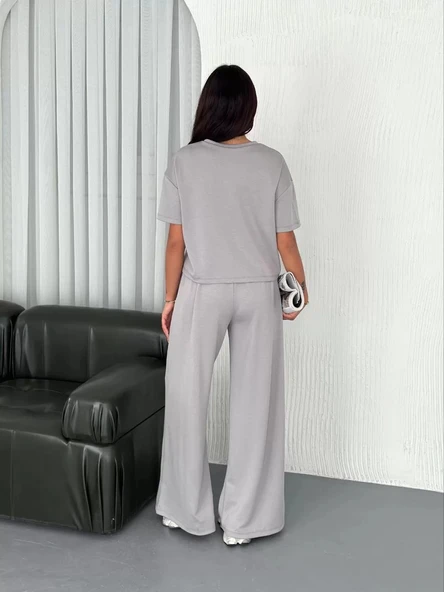 Osy Modal Yumuşak Dokulu Kumaş Bisiklet Yaka T-shirt Bol paça Pantalon ikili Takım - Boyalı Gri - Resim 8