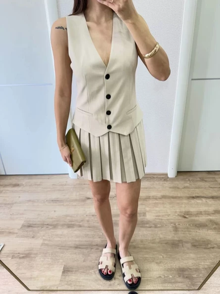 Keten Takım Görünümlü Düğme Detaylı Yelekli Mini Elbise - Bej - Resim 2