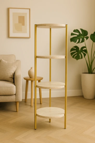 Çok Amaçlı 4 Katlı Raf - Çiçeklik, Sehpa, Organizer ve Köşe Rafı - Gold - Traverten Desen ürün görseli 1