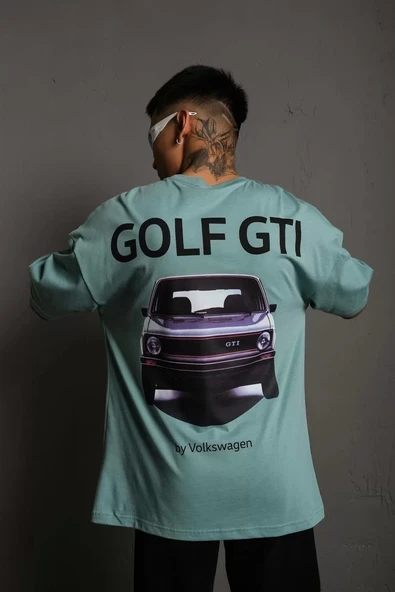 Erkek Sırt Golf Gtı Baskılı Oversize T-shirt - Mint Yeşili ürün görseli 1