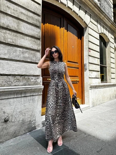 Leopar Desenli Fermuarlı Cepli Pileli Kadın Midi Elbise- Leopar - Resim 3