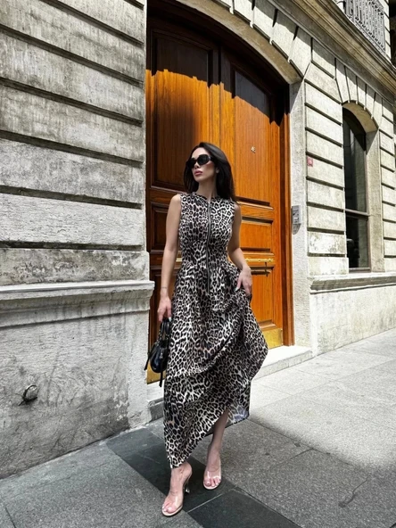 Leopar Desenli Fermuarlı Cepli Pileli Kadın Midi Elbise- Leopar - Resim 4