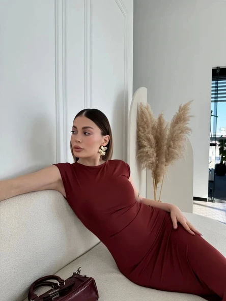 Kolsuz Uzun Likralı Elbise - Bordo - Resim 6